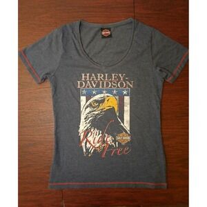 HARLEY DAVIDSON Womens Rhinestone Stud Eagle RIDE FREE V-neck T-shirt SzL  #306C